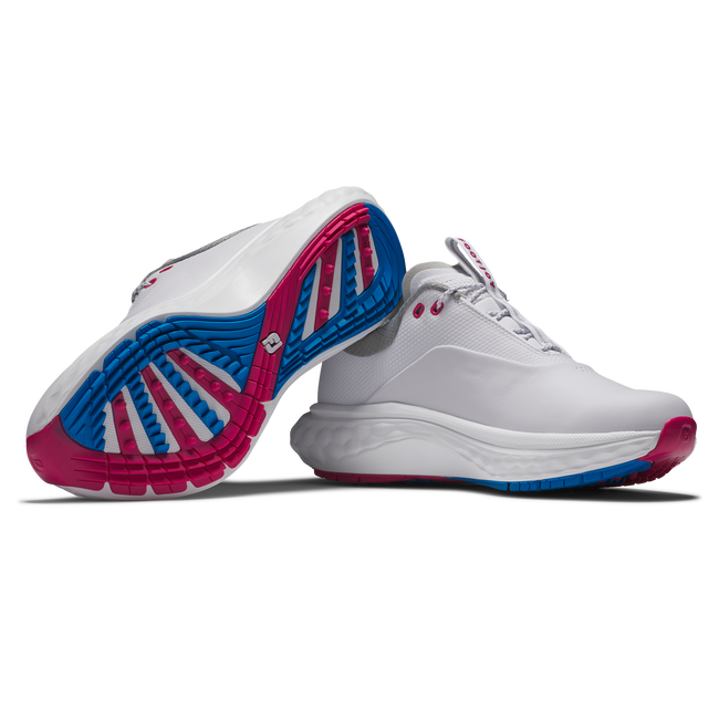 White and pink basketball shoe with blue accents, designed for performance.