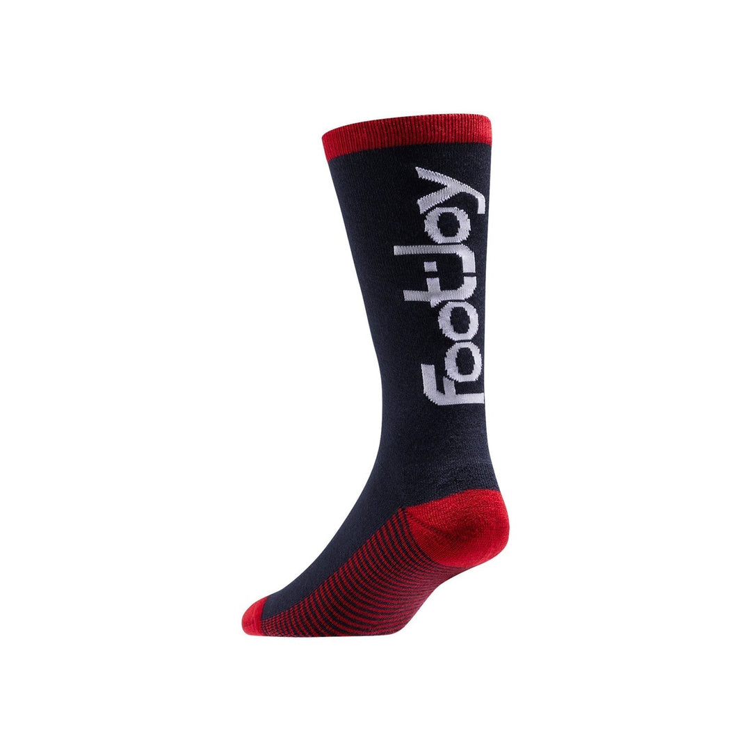 Footjoy golf socks in navy blue and red with white logo.