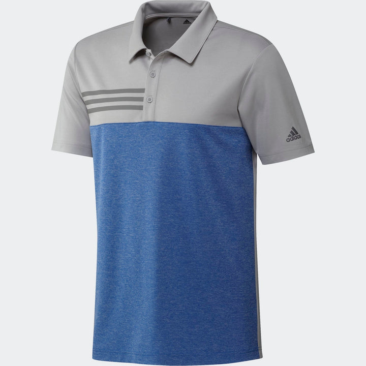 Adidas polo shirt with three stripes, gray and blue color block design.