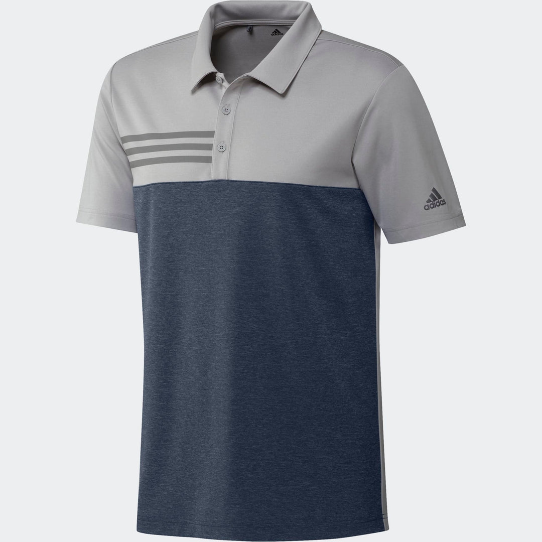 Adidas polo shirt with three stripes, gray and navy blue color block design.
