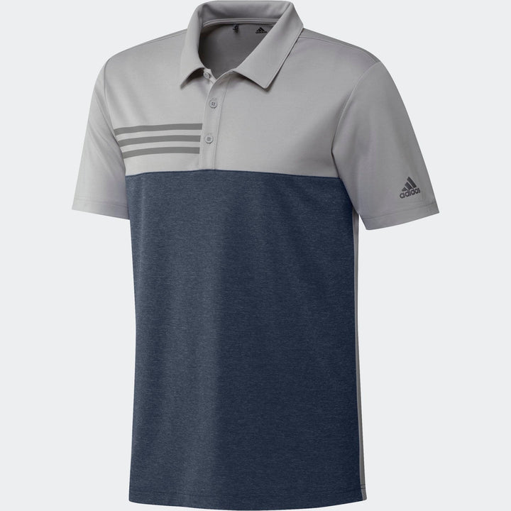 Adidas polo shirt with three stripes, gray and navy blue color block design.