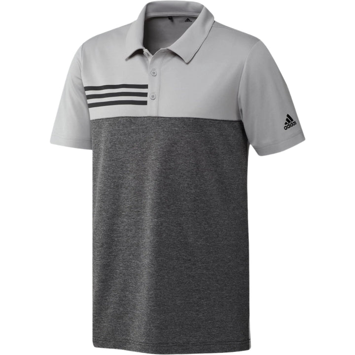 Adidas polo shirt with three stripes, gray and black color scheme.