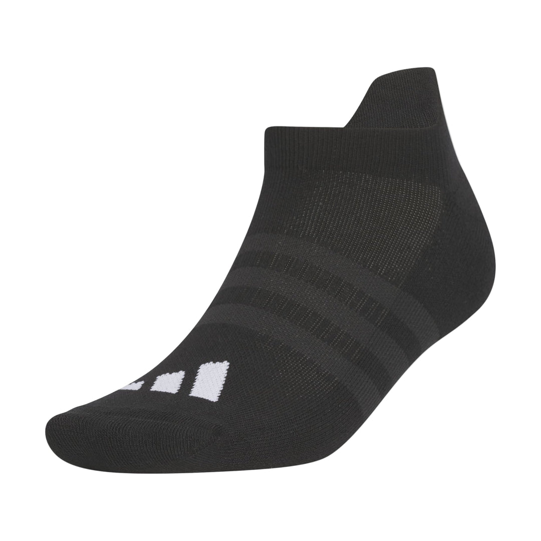 Black adidas alphaskin socks with white stripes and logo.