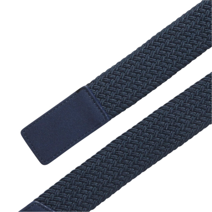 Navy blue woven belt with leather accents and buckle.