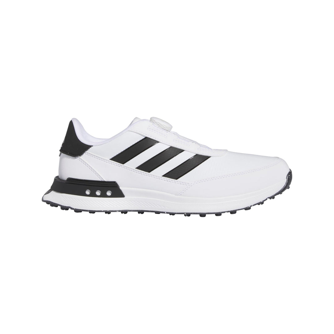 White and black adidas golf shoe with three stripes.