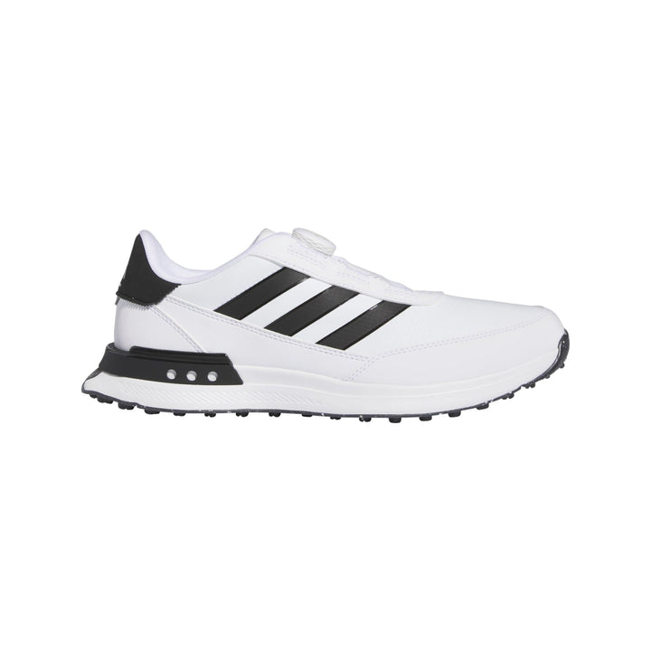 White and black adidas golf shoe with three stripes.