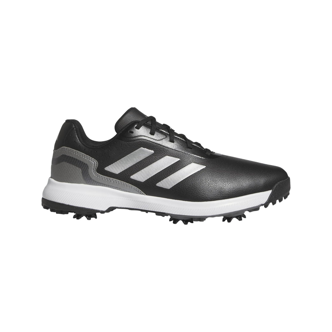 Black and silver adidas golf shoe with white stripes on the side.