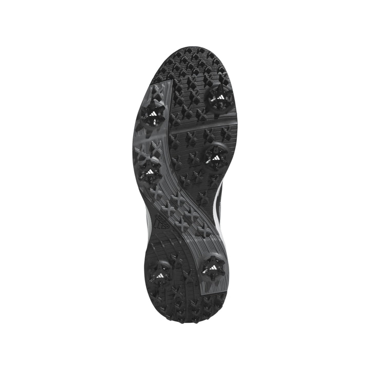 Black golf spike shoe with textured sole and adidas branding.
