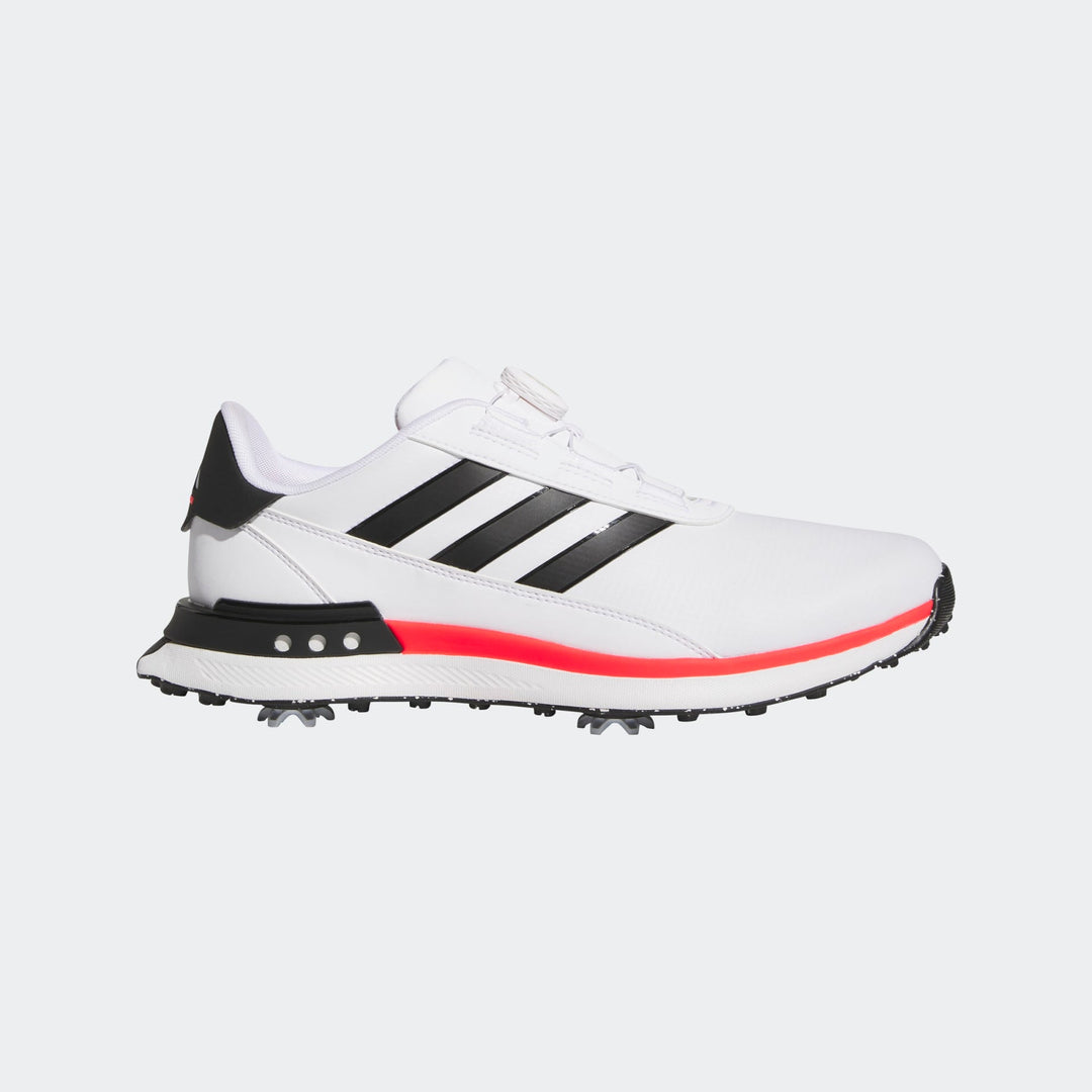 Adidas golf shoe with white, black and red accents.