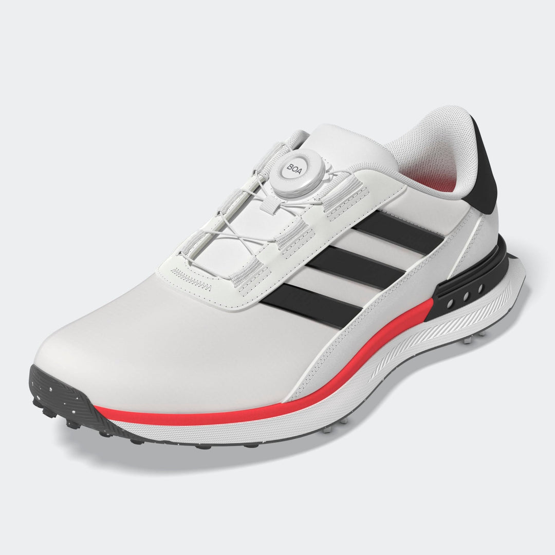 White and black adidas golf shoe with red accents, textured sole, laces, three stripes design.