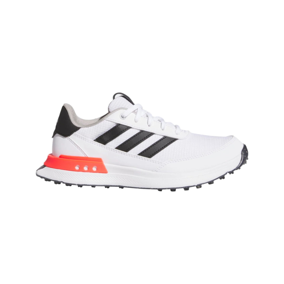 Adidas white and black running shoe with orange accents.