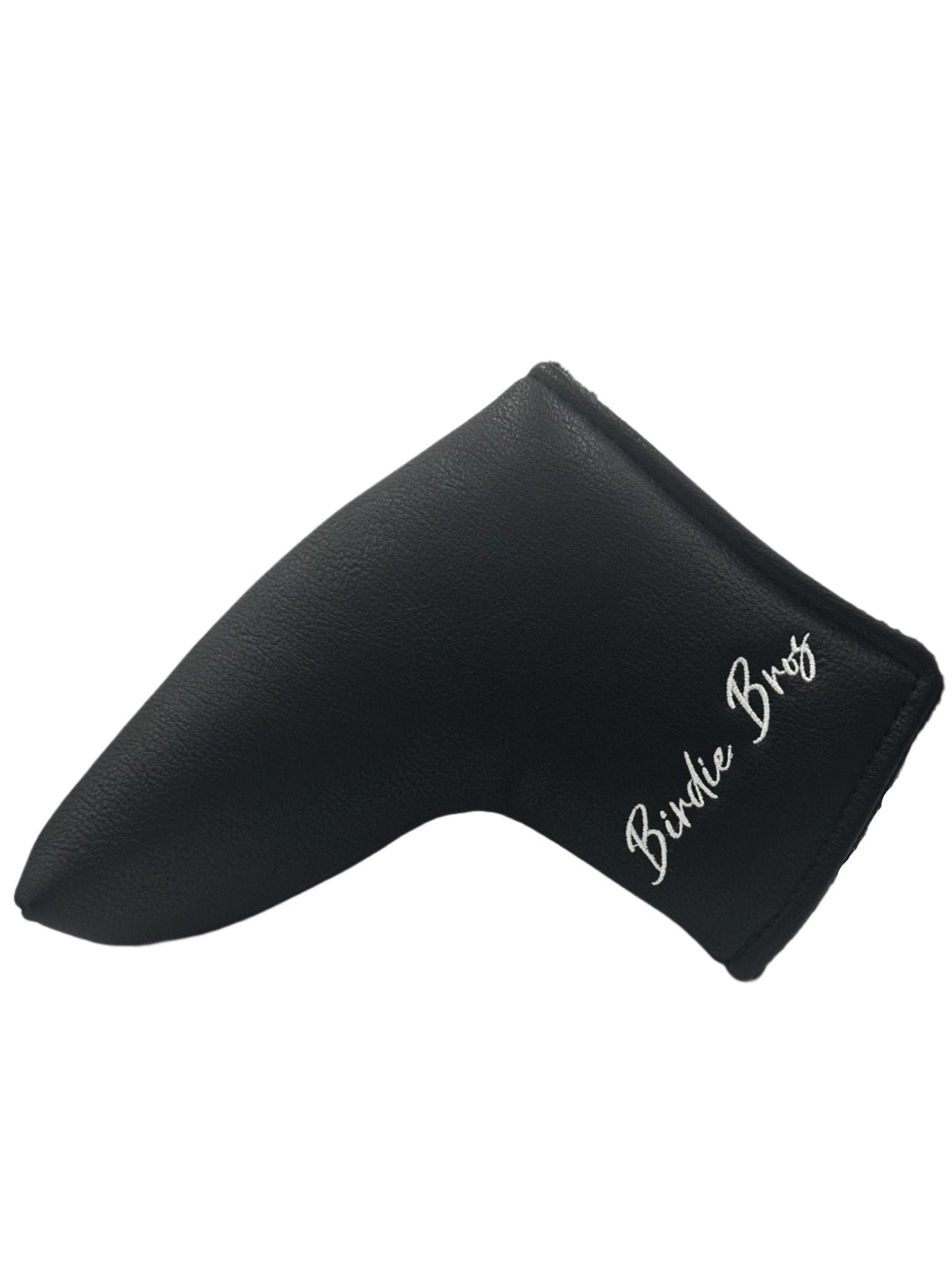 Black golf club head cover with ’birdie bros’ logo in white script.