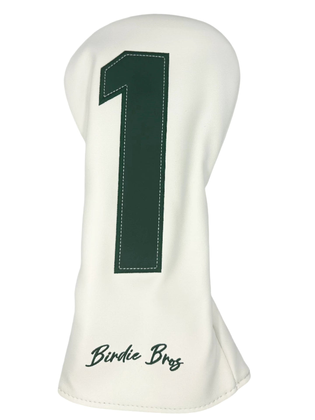 White golf club head cover with green number 1 and ’birdie bros’ text, made of fabric.