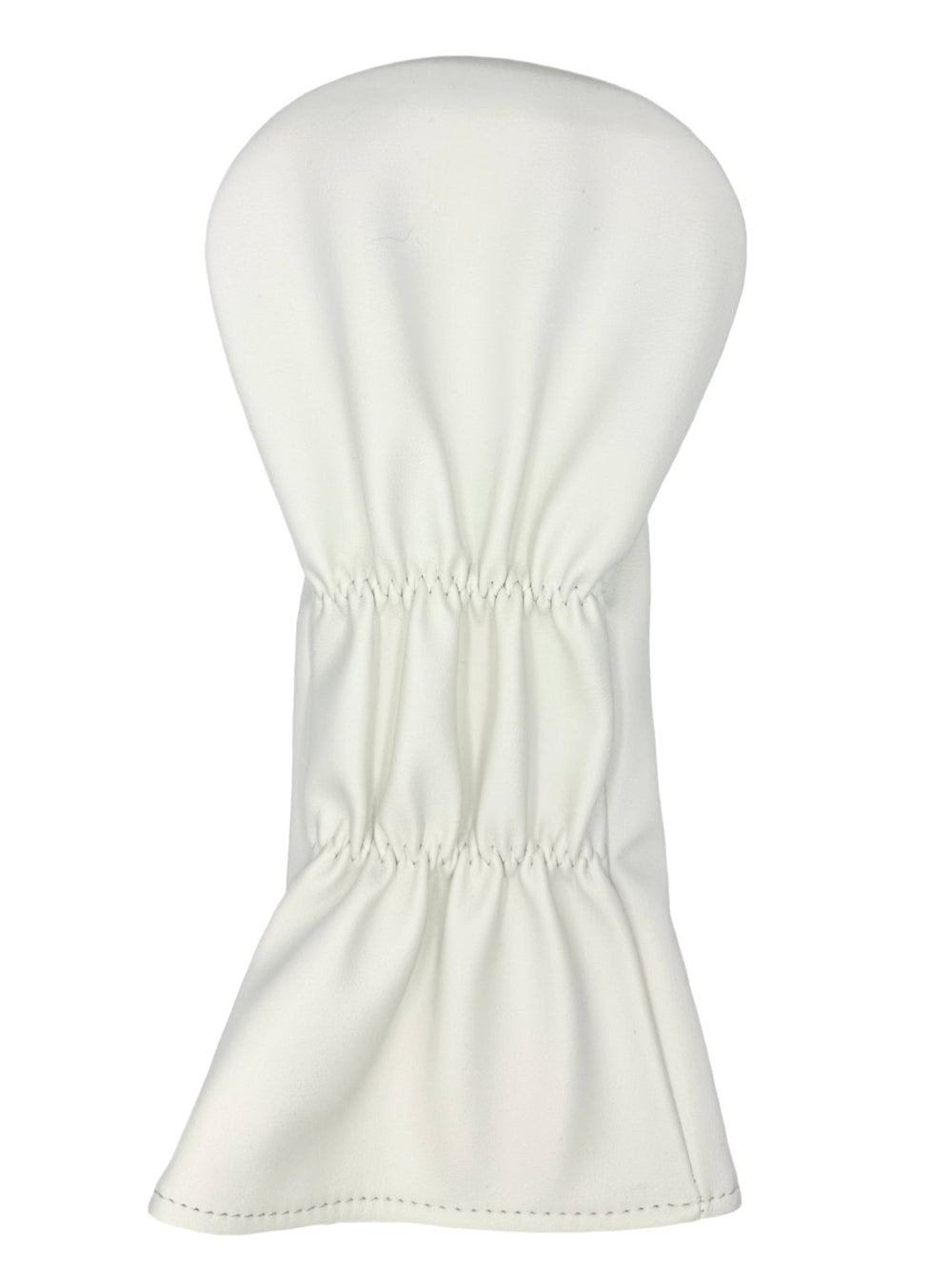 White golf club head cover with elasticized opening for secure fit and easy removal.