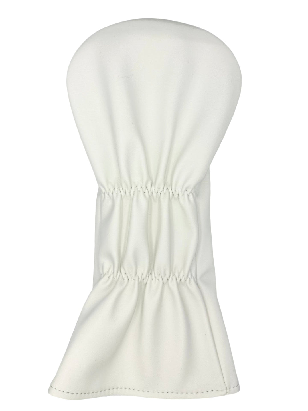 White golf club head cover with elasticized opening for secure fit and easy removal.