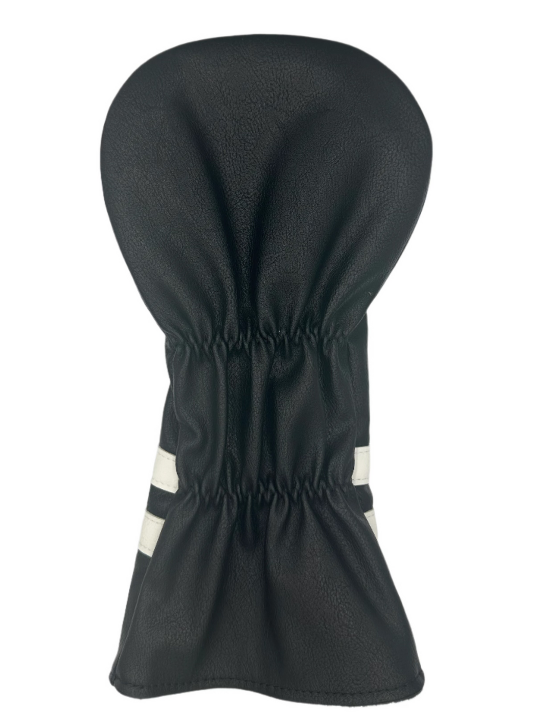 Black golf club head cover with white stripes and elastic band at the bottom.