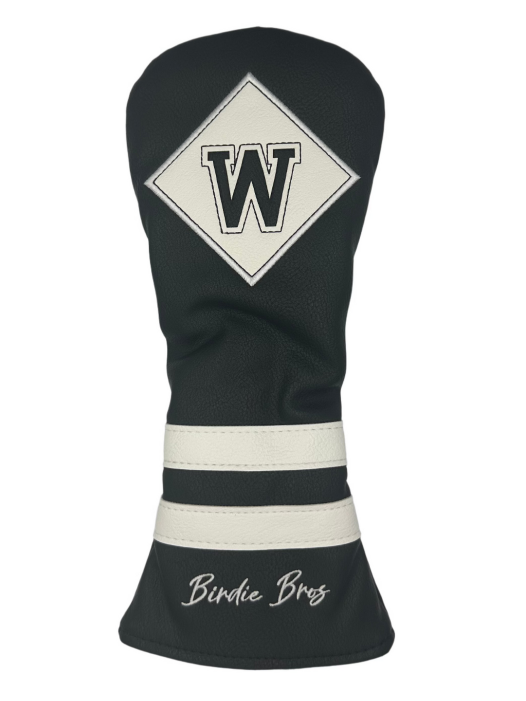 Black and white golf club head cover with a diamond-shaped logo featuring the letter ’w’ in gray.