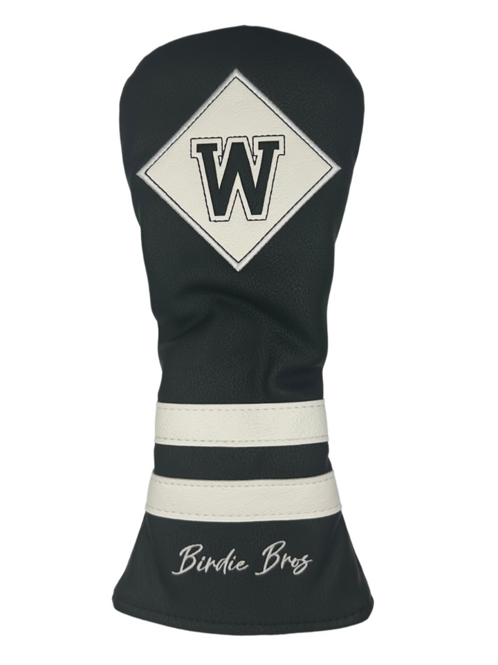 Black and white golf club head cover with a diamond-shaped logo featuring the letter ’w’ in gray.