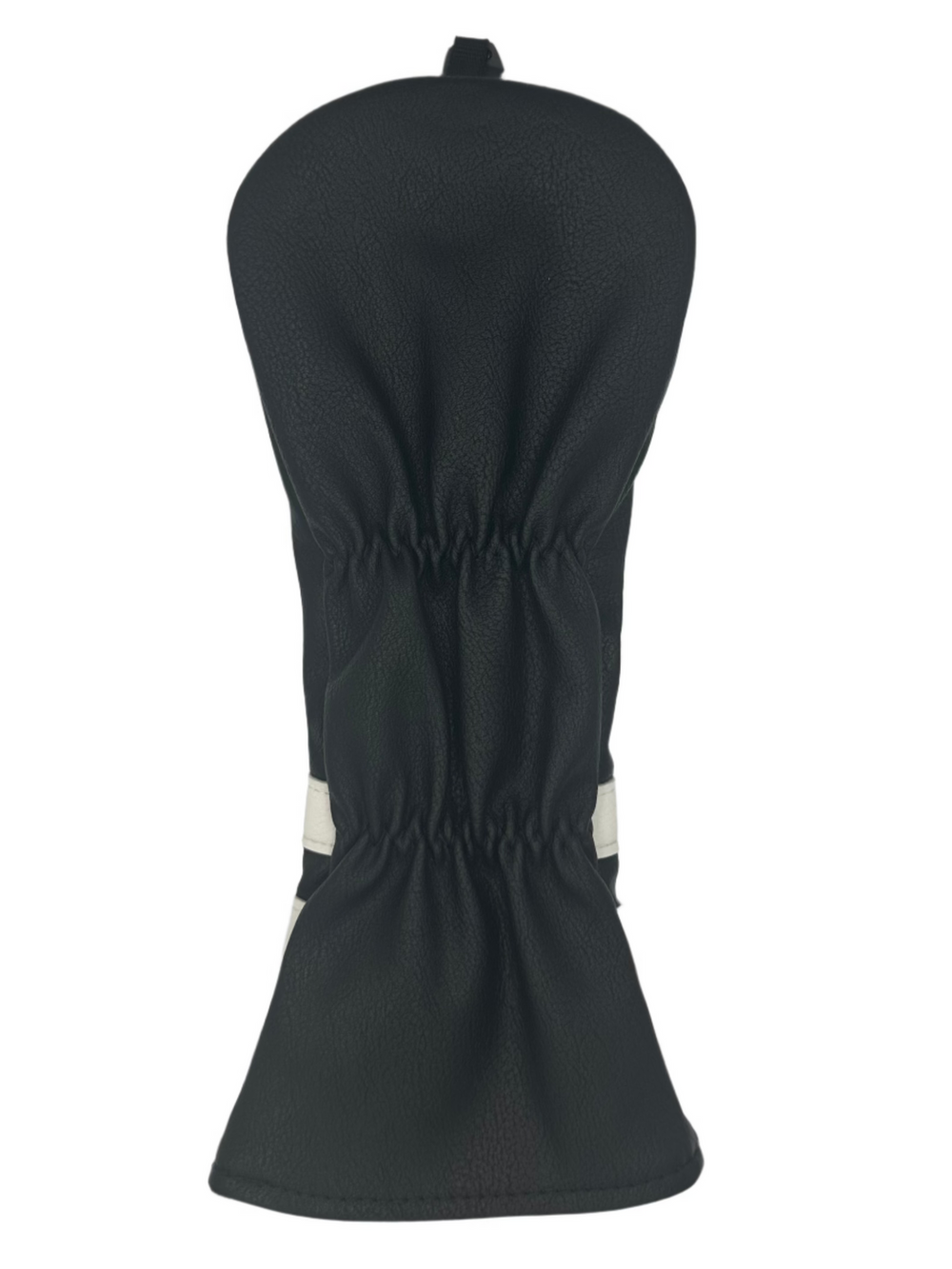 Black golf club head cover with white accents and elastic drawstring closure.