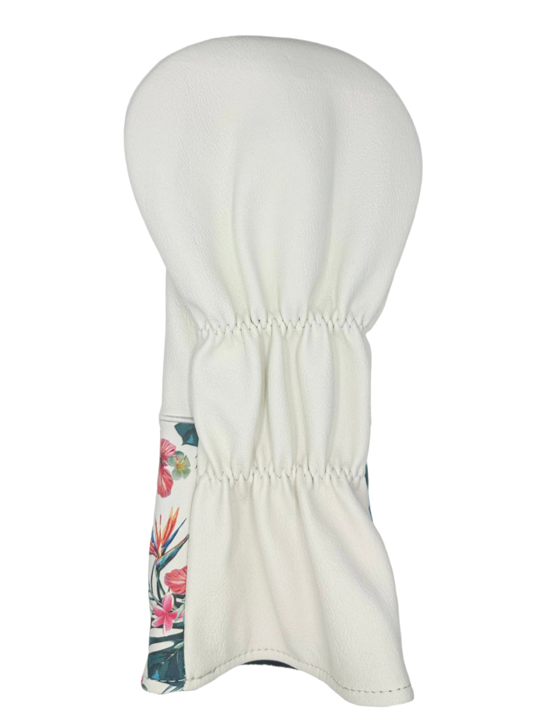 White floral golf club head cover with elastic band and drawstring closure.