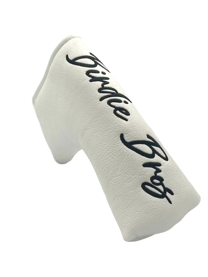 White putter cover with black script ’pirnace bros’ design.