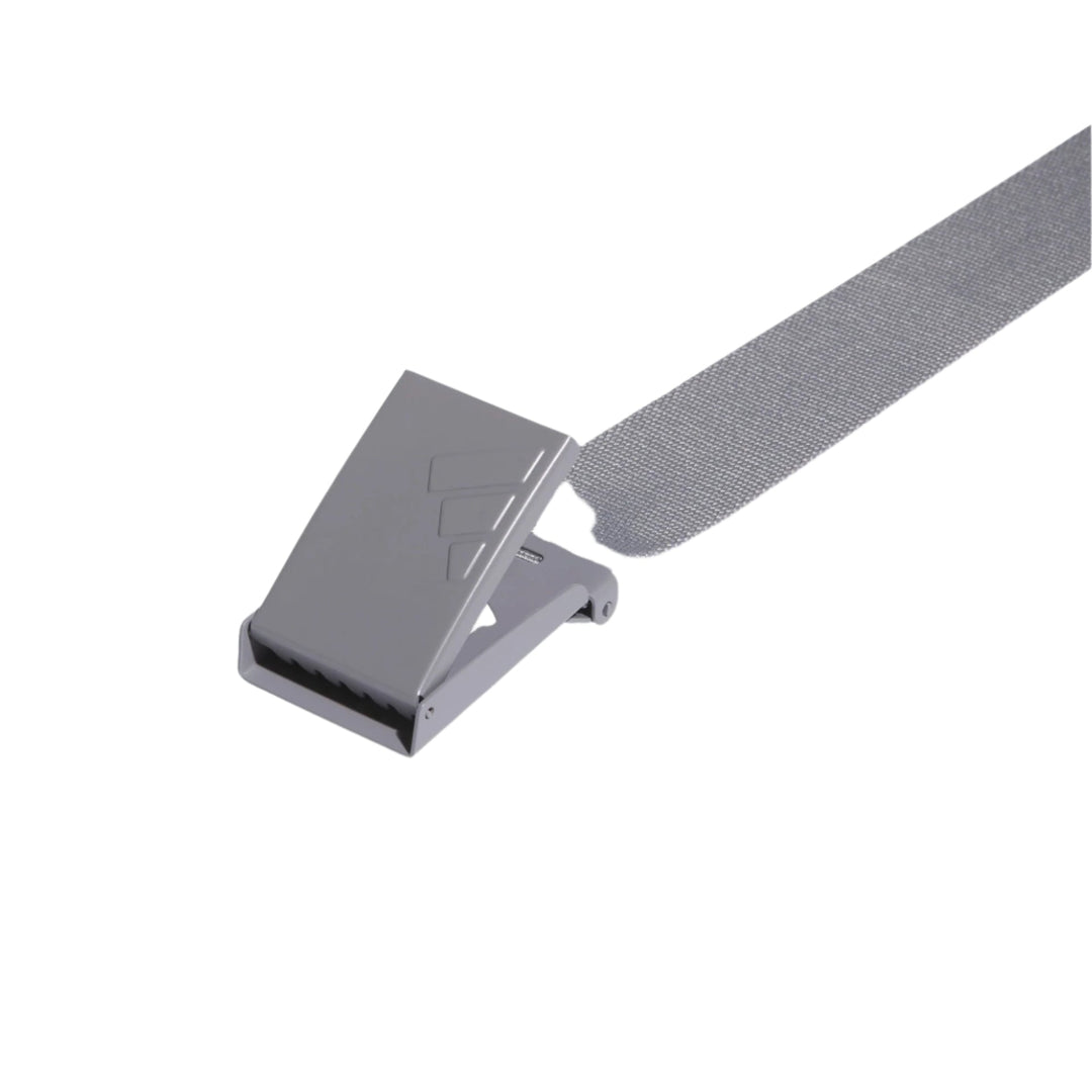 Silver metal belt with textured strap and buckle design