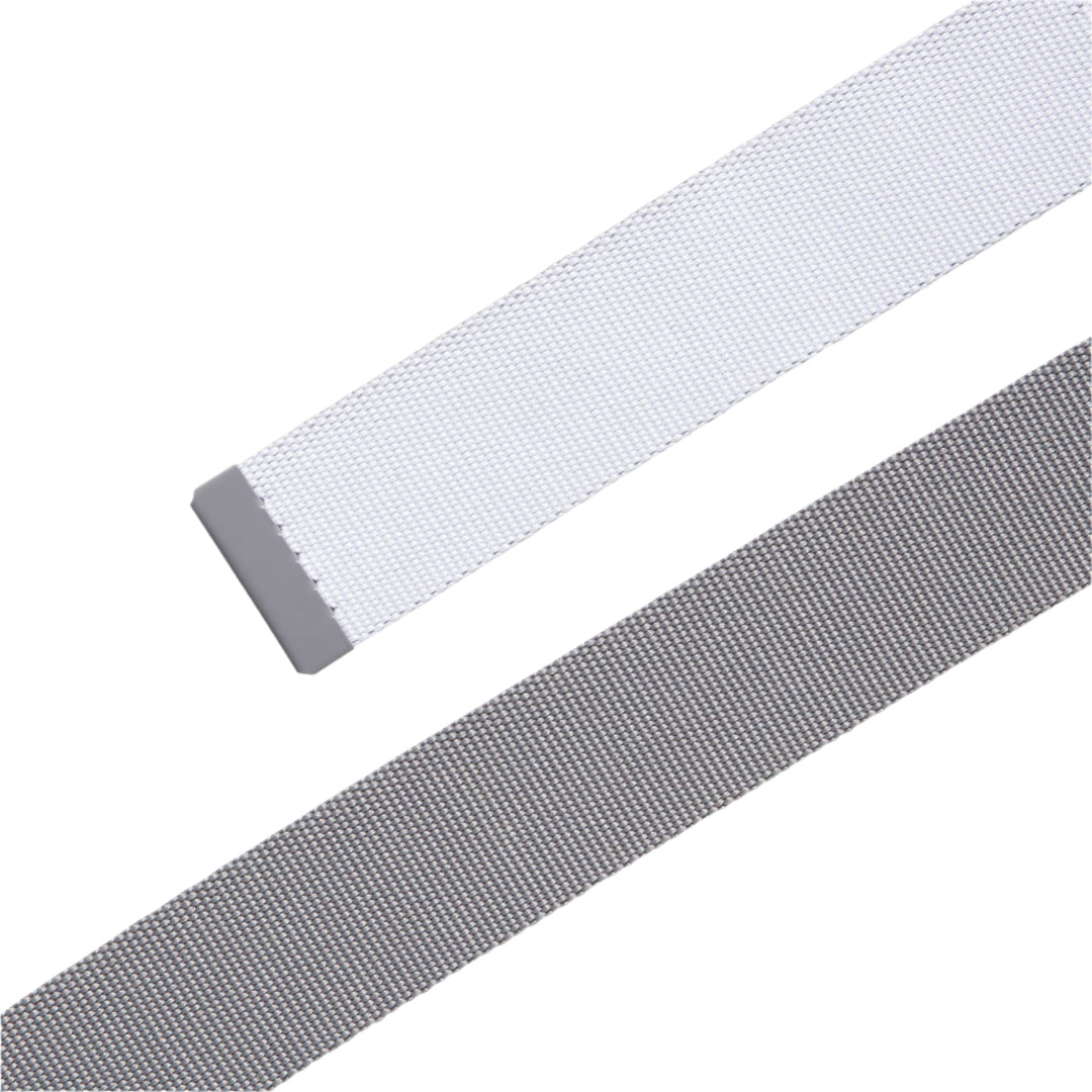 White and gray woven belt with silver buckle