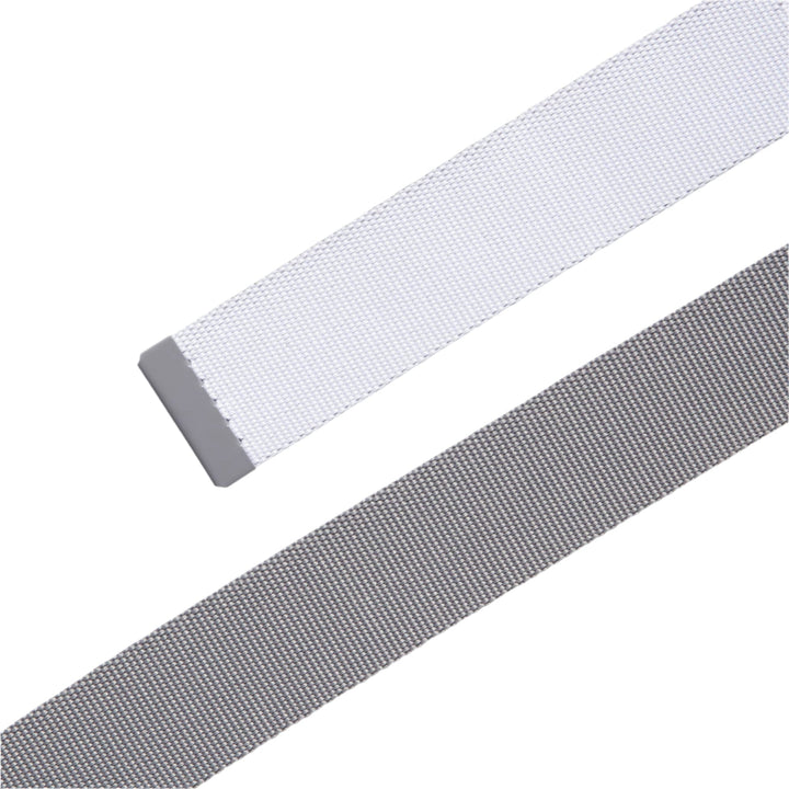 White and gray woven belt with silver buckle