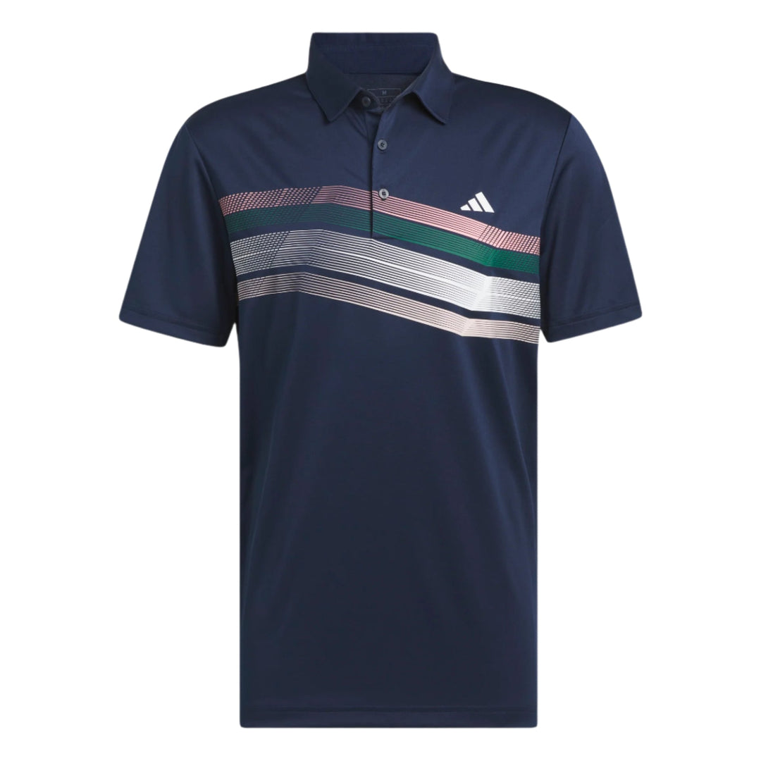 Navy blue polo shirt with green and purple stripes, adidas brand.