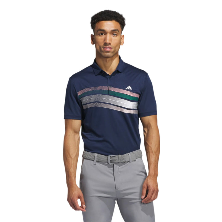 Navy blue polo shirt with green and pink stripes, made of cotton jersey material.