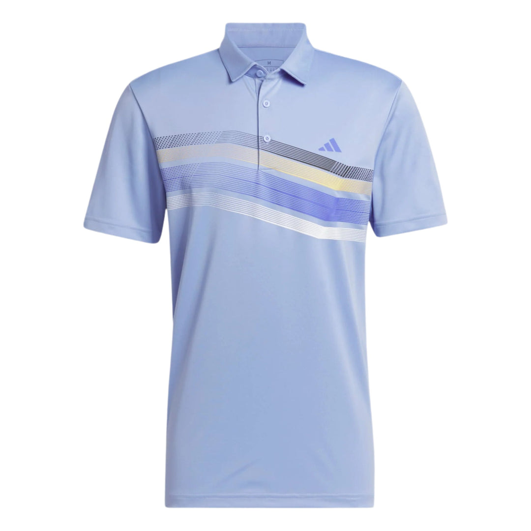 Adidas polo shirt with striped pattern in light blue, white and yellow.