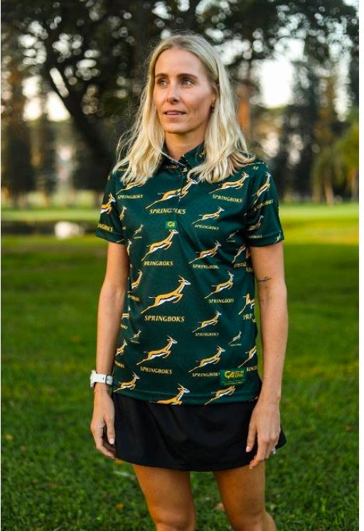 Green polo shirt with springbok design, short sleeves, collar