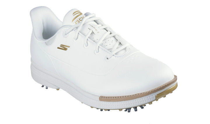 Skechers women’s white golf shoe with gold accents and cleats.