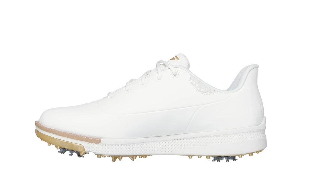White golf shoe with spike soles and lace-up design, possibly by nike.
