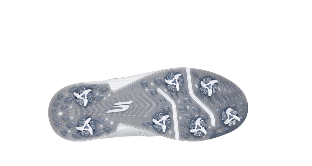 White and gray golf shoe with cleats, nike brand.