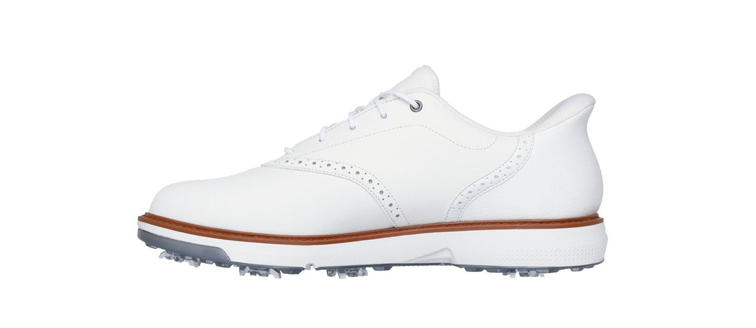 White leather golf shoe with brogue detailing and rubber sole.