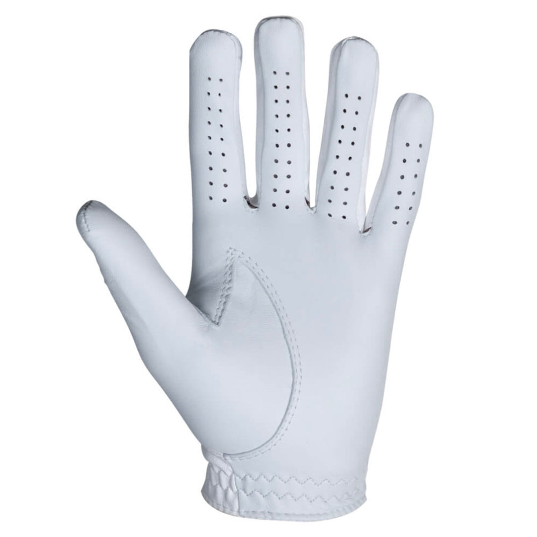 FootJoy Sofjoy women’s white leather golf glove with perforated fingertips and Nike swoosh