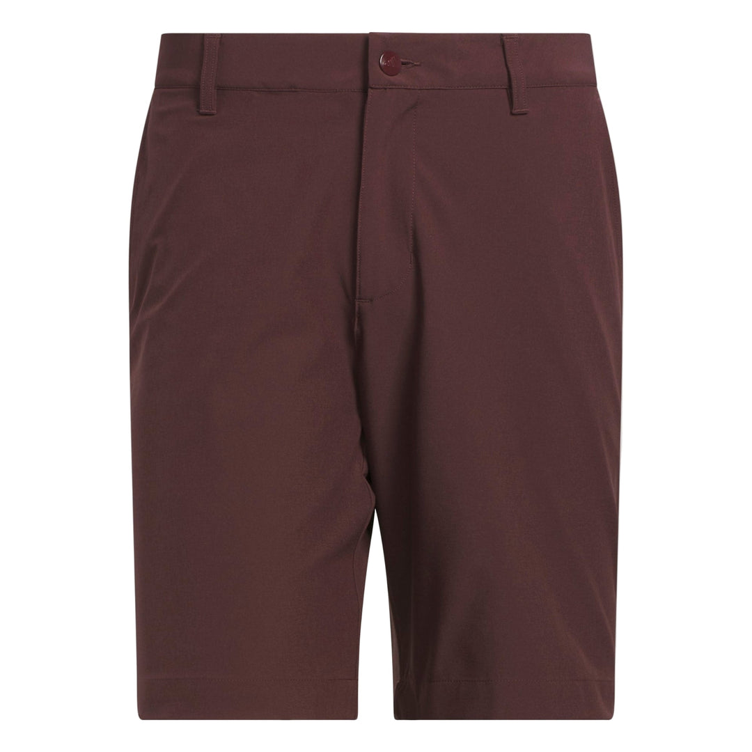 Brown men’s golf shorts with a flat front design and belt loops.