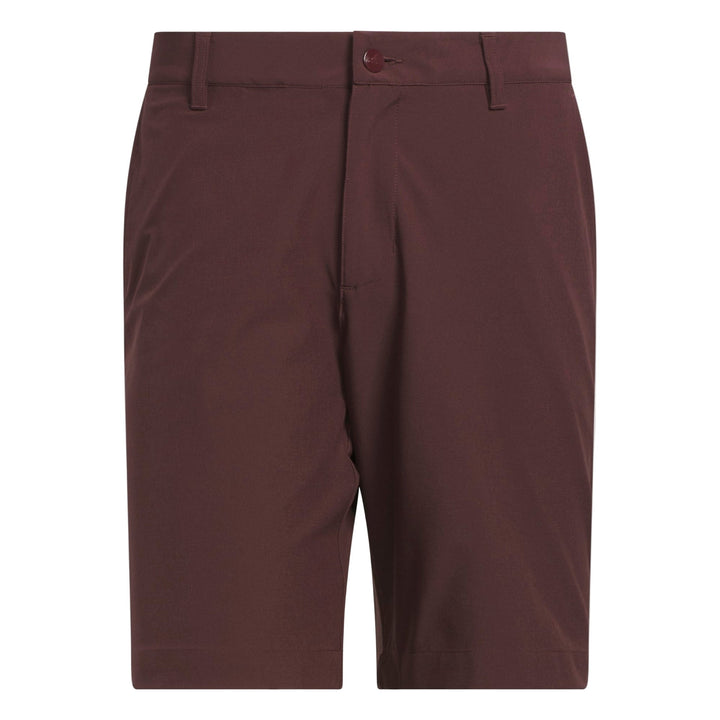 Brown men’s golf shorts with a flat front design and belt loops.