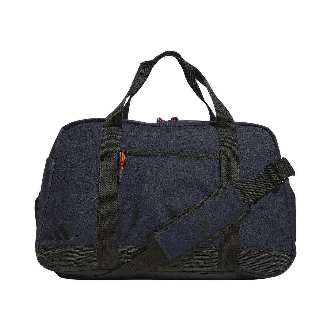 Navy blue duffel bag with orange accents and adjustable shoulder strap, likely from a popular outdoor brand.