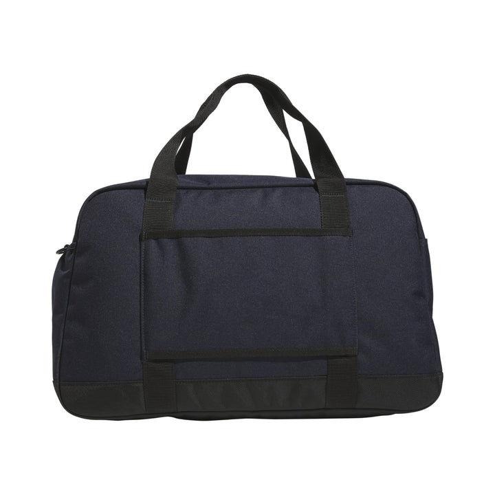 Navy blue duffel bag with black handles and accents, durable fabric material.