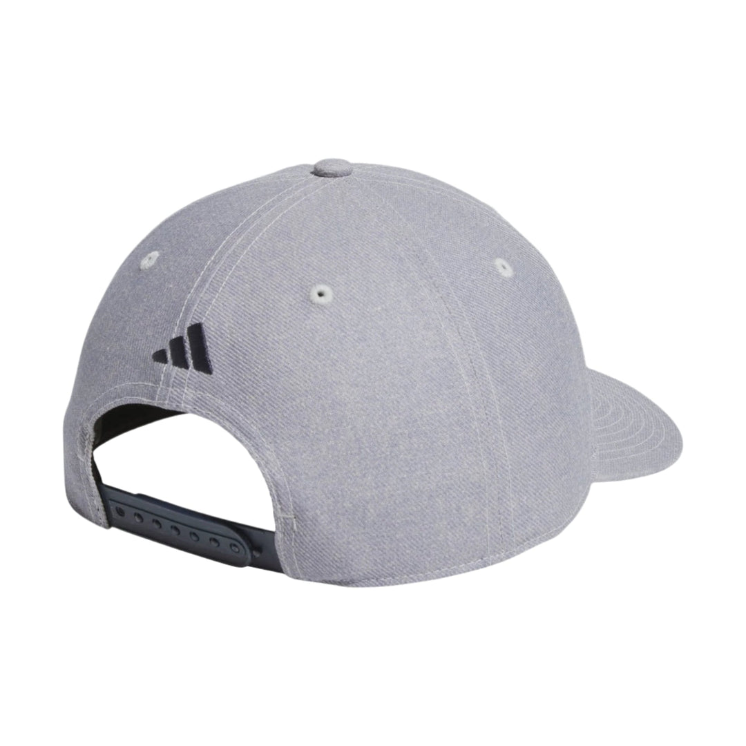 Gray adidas baseball cap with black adjustable strap and logo.