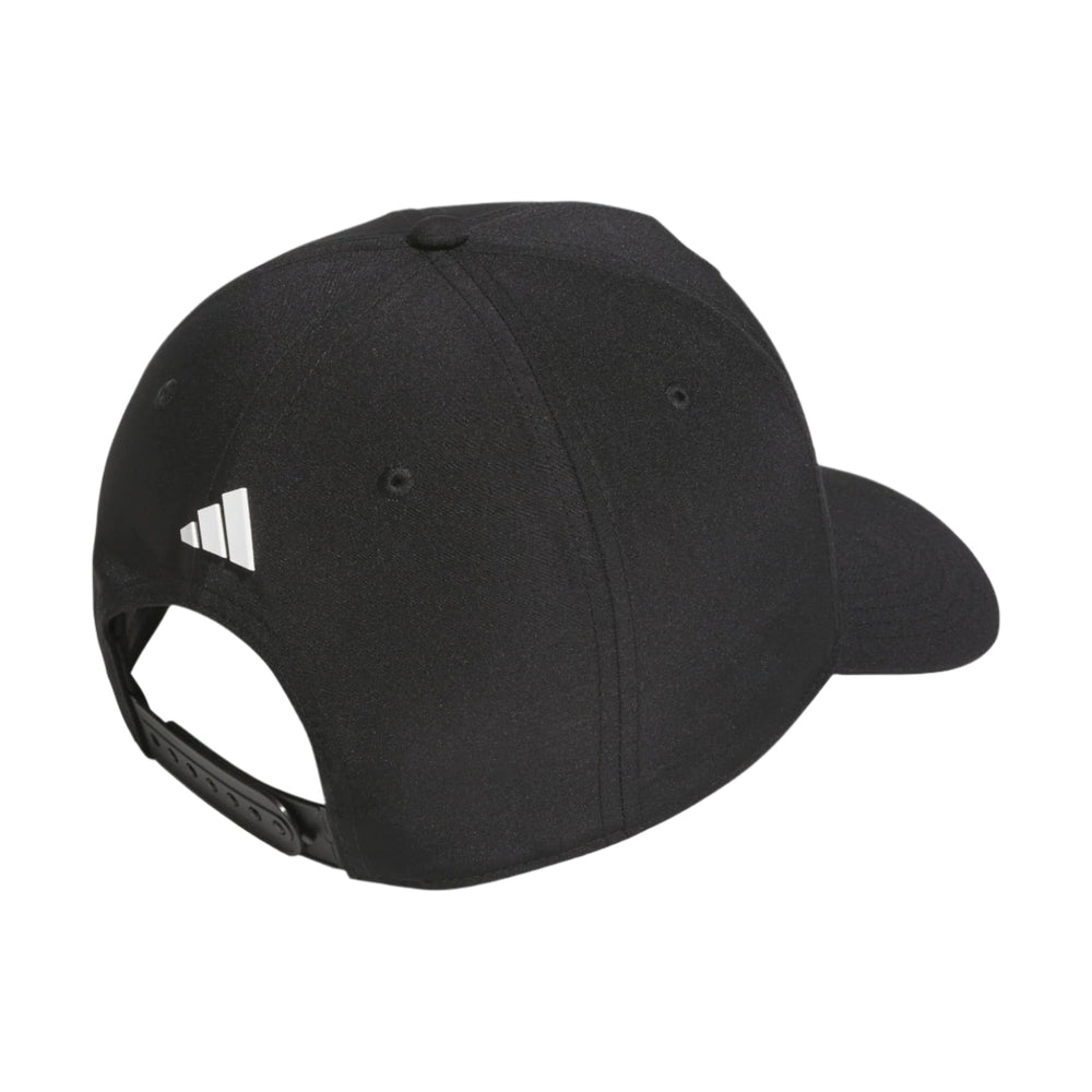 Black adidas baseball cap with white logo and adjustable strap.