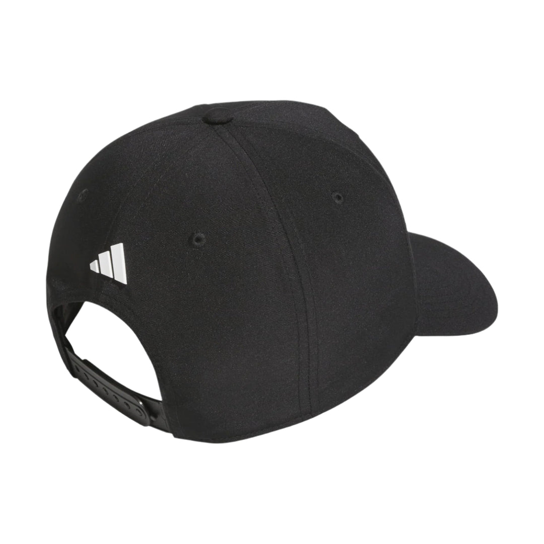 Black adidas baseball cap with white logo and adjustable strap.