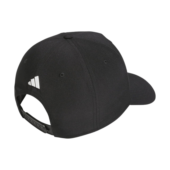 Black adidas baseball cap with white logo and adjustable strap.