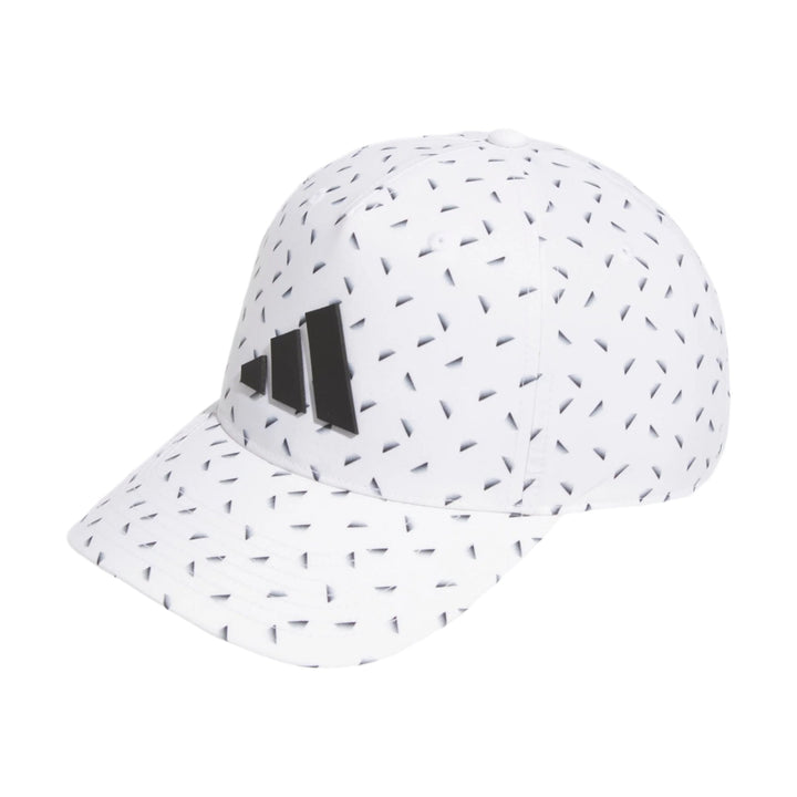 White adidas cap with black stripes and patterned design.