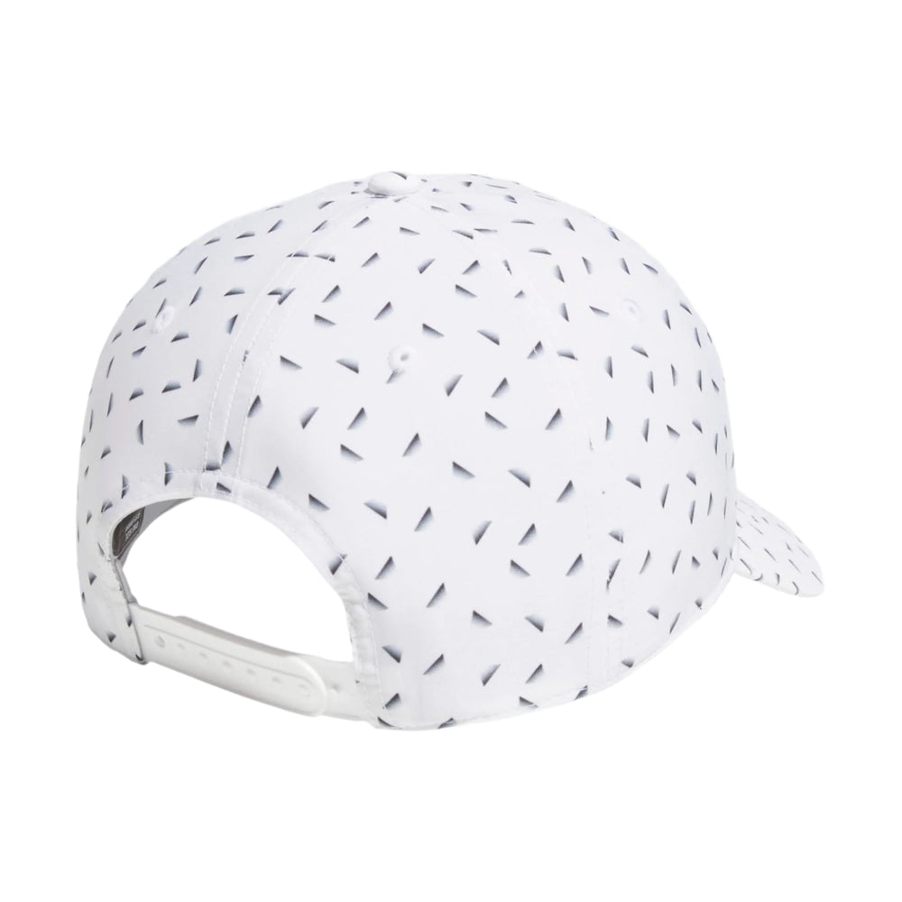 White baseball cap with perforated pattern and adjustable strap.