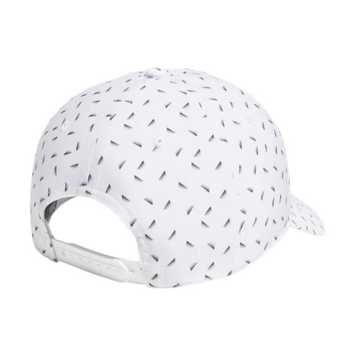 White baseball cap with perforated pattern and adjustable strap.