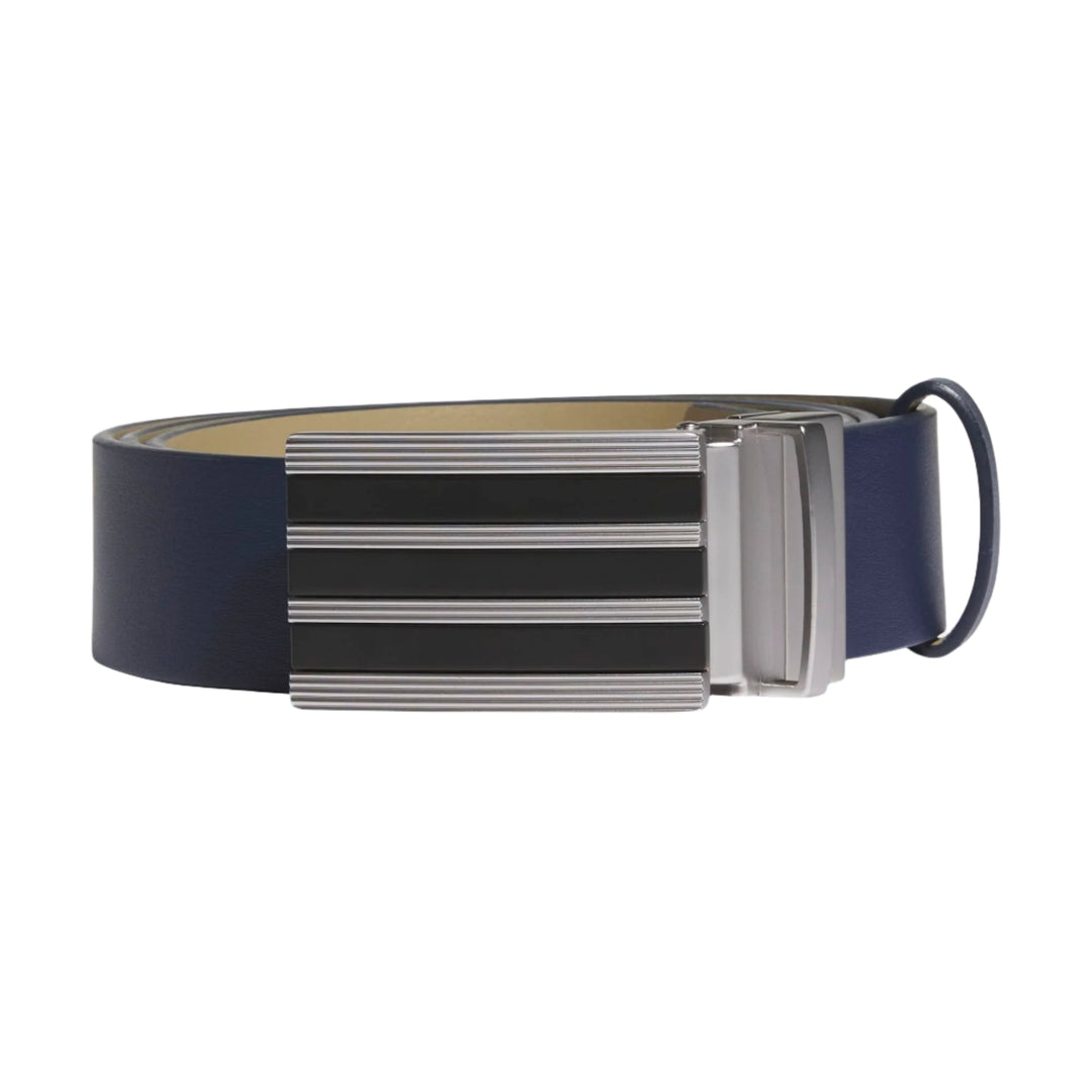 Navy blue leather belt with silver buckle and black stripe design.