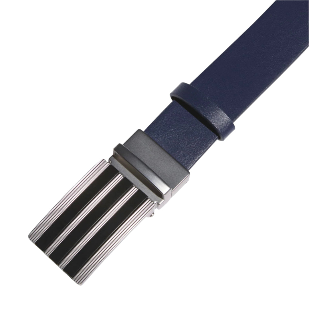 Navy blue leather watch strap with silver metal buckle and black stripes.